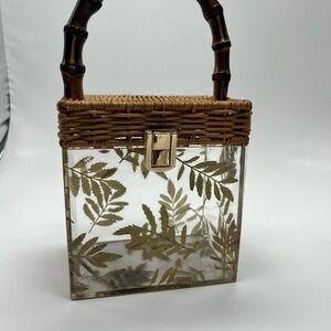 Vintage Clear Acrylic Pressed Leaf Handbag Bamboo Handle Statement Bag
